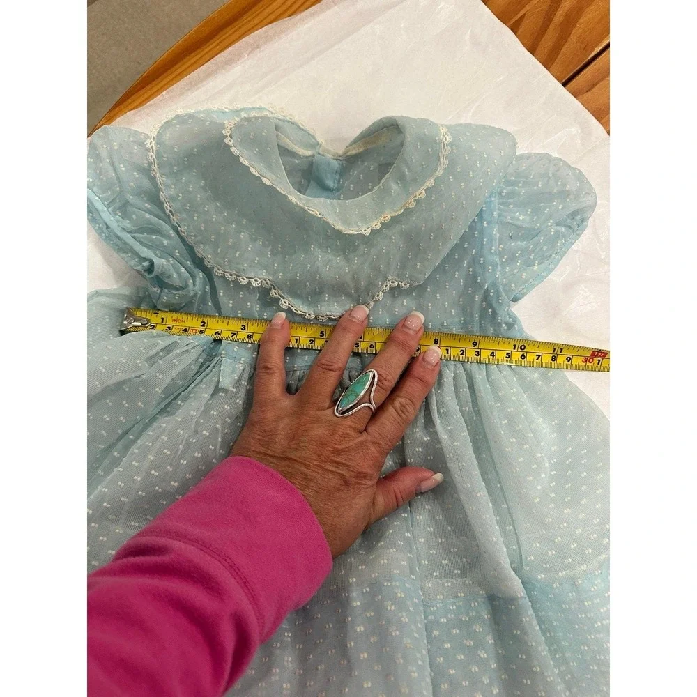 Vintage Baby Dress Blue Dotted with Crinoline 1970's Size 18 months
